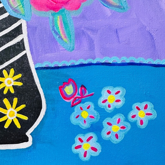 Original Folk Art Style Flower Bouquet Painting: Black Vase Multi Color 14" x14" - Picture 6 of 7